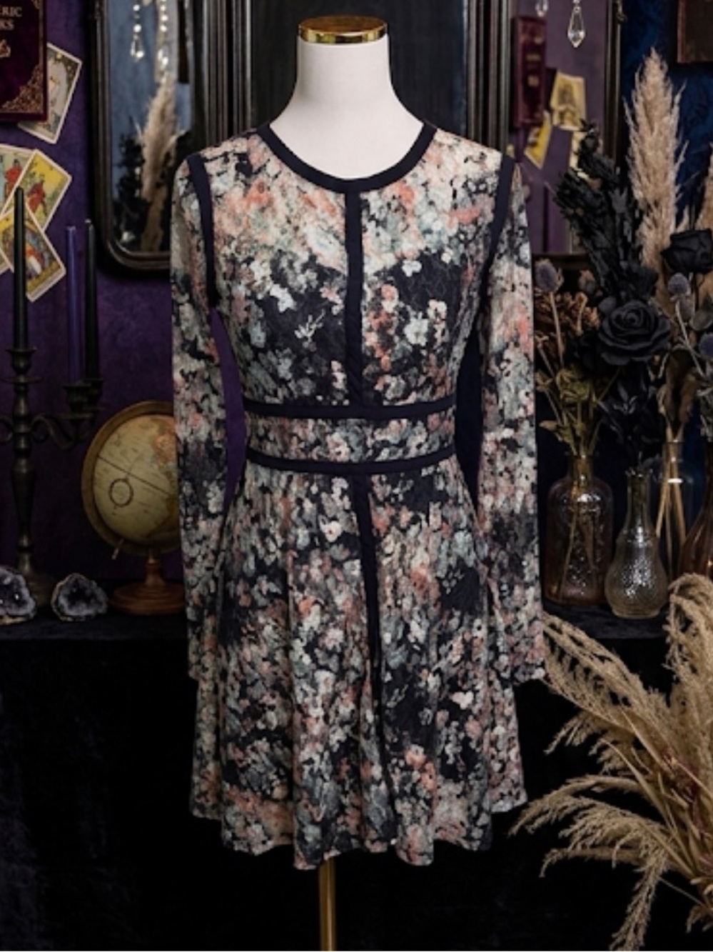 Xhilaration Floral Lace Long Sleeve Mini Dress Black Contrast Boho Whimsigoth M